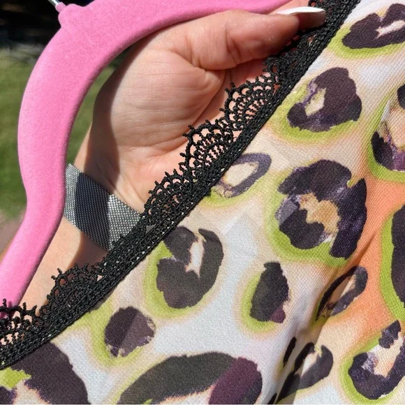 Leopard print long chiffon sheer kimono with black scalloped lace trim size M - Picture 5 of 7